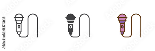 Microphone with cable different style icon set. Line, solid and filled outline colorful icon for karaoke or party costume. Audio device vector sign and symbol icon.
