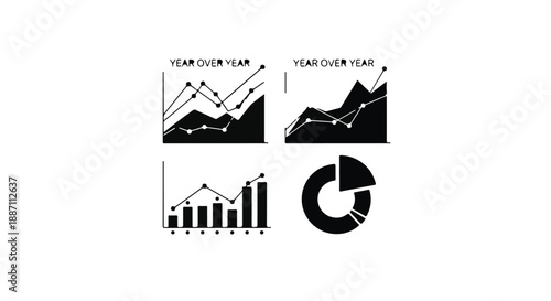 Business graphs and charts with year over year data analysis in black and white, financial and marketing statistics illustration for presentations and reports