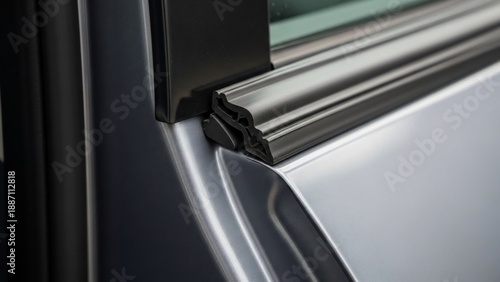 Car window with black rubber seal and metal frame.
