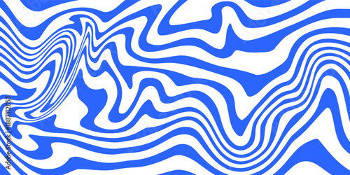 Blue wavy lines abstract background. Trendy psychedelic retro style backdrop. Waves, swirl and twirl pattern. Twisted distorted vector texture. Y2k aesthetic design
