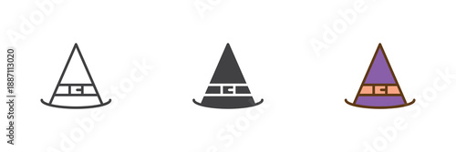 Witch hat costume accessory different style icon set. Line, solid and filled outline colorful icon for Halloween or magic party. Pointed hat vector sign and symbol icon.