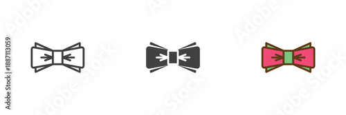 Bow tie fashion accessory different style icon set. Line, solid and filled outline colorful icon for formal or party costume. Elegant neckwear vector sign and symbol icon.