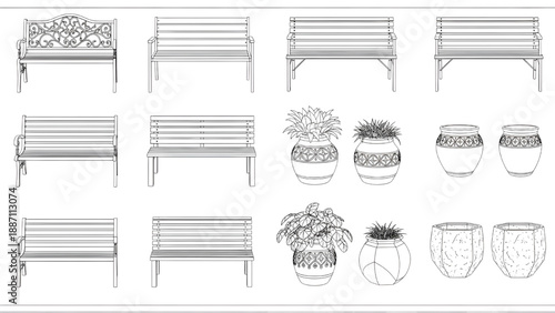 Garden Benches Pots and Planters Vector Set for CAD Landscape Design