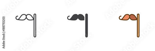Fake mustache on stick different style icon set. Line, solid and filled outline colorful icon for photo booth or party fun. Novelty prop vector sign and symbol icon.