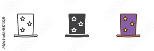 Magic top hat different style icon set. Line, solid and filled outline colorful icon for magician or party costume. Illusion show vector sign and symbol icon.
