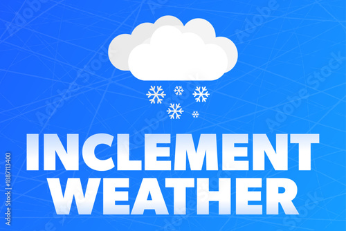 Inclement weather warning. Snow falling from a cloud, text, frosty background.