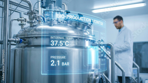 Biopharmaceutical Production Tank with Digital Monitoring Display in Laboratory Facility