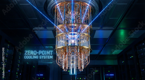 Futuristic Quantum Computer Cooling System with Golden Wiring and Glowing Blue Lasers in a Data Center
