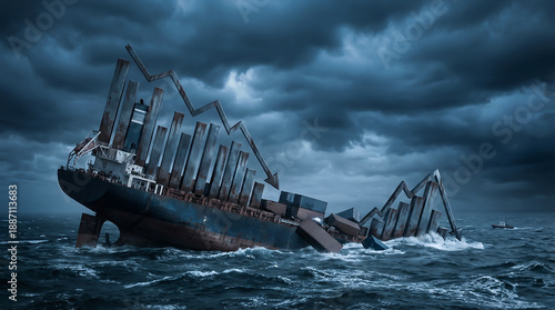 Conceptual sinking cargo ship with falling financial graph in a stormy sea representing economic recession and global trade crisis