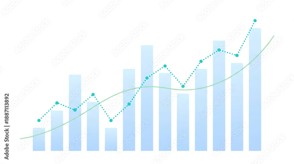 © Abode stock - This image depicts a financial growth chart with light blue bars and a green trendline showcasing upward progress on transparent background high quality © Abode stock - This image depicts a financial growth chart with light blue bars and a green trendline showcasing upward progress on transparent background high quality