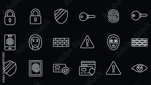 Set of 20 White Line Art Cybersecurity Icons Vector
