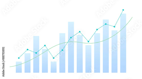 This image depicts a financial growth chart with light blue bars and a green trendline showcasing upward progress on transparent background high quality