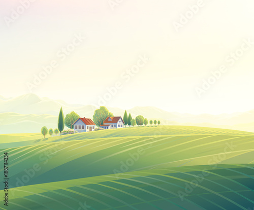 Rural summer landscape with village and hills, Illuminated by the  sunrise light. Raster illustration.