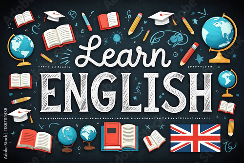 A bright educational poster with the phrase “Learn English,” decorated with icons of books, globes, graduation caps, flags, and school-related symbols.