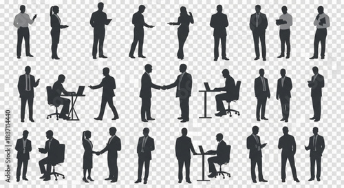 Collection of business people in various professional poses and actions