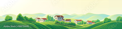 Summer rural landscape, with hills and agriculture fields and gardens, and village houses, on top of a hill. Raster illustration.