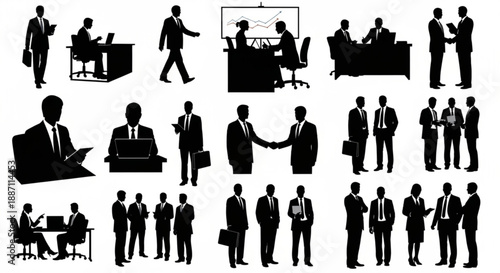 Collection of business people in various professional settings and poses in black silhouette