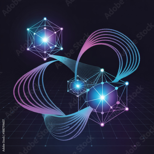 Neon Geometric Network Flowing Data on Dark Digital Grid Background