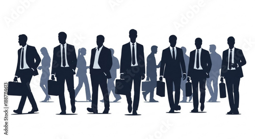 Silhouettes of businessmen walking in a line with briefcases