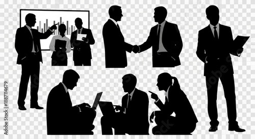 Silhouettes of business professionals in various meeting and working poses