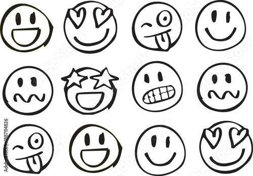 Emojis, different expressions. Vector faces. Afraid, confused, gleeful, happy, star-eyed, in love, crazy, tongue out. Blinking eyes. Hand drawing with marker pen. Brush, isolated on white background.