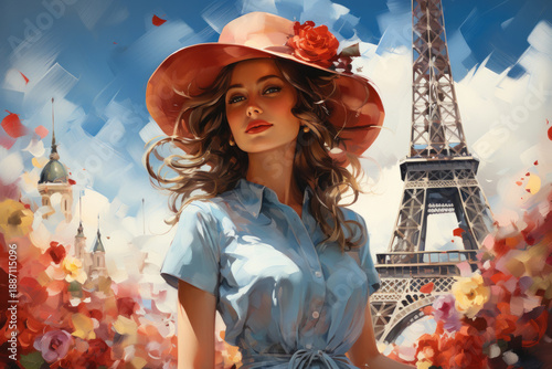 portrait of a young woman wearing a hat with the Eiffel Tower in the background. Floating flower petals and painterly strokes create an artistic, dreamy atmosphere.