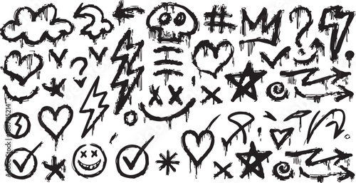 Collection of doodle icons including hearts, lightning bolts, and smiley faces Vector