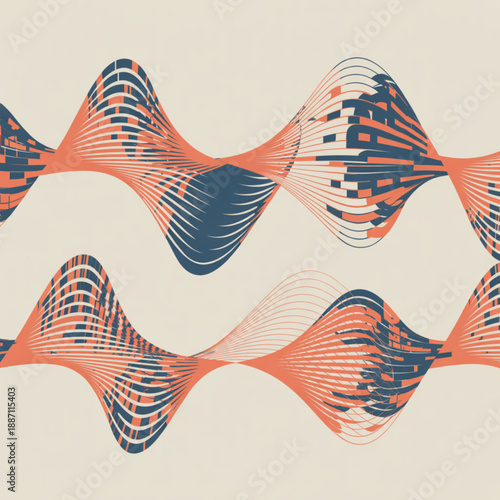 Abstract Waves Pattern Muted Orange Blue Lines Beige Background Retro Digital Art