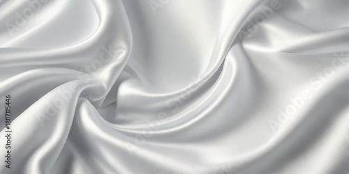 Premium White Satin Silk Fabric Texture with Elegant Smooth Waves, Soft Glossy Highlights and Luxurious Abstract Folds for Royal Background Design with Copy Space