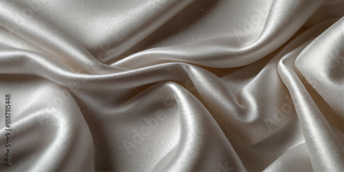 Premium White Satin Silk Fabric Texture with Elegant Smooth Waves, Soft Glossy Highlights and Luxurious Abstract Folds for Royal Background Design with Copy Space