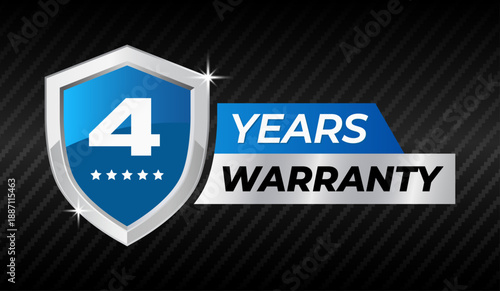 4 years warranty shield badge, blue and silver metal guarantee label with stars, Product protection and quality assurance emblem, Security seal logo, Vector illustration