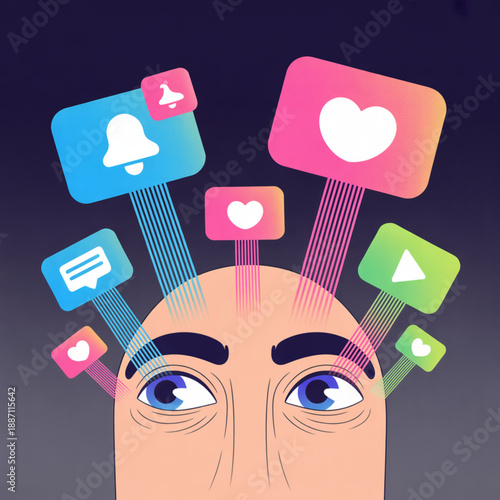 Social Media Notifications Overwhelming Human Head Illustration