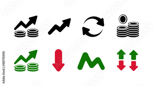 Diverse financial icons illustrating market trends, growth, decline, and currency exchange