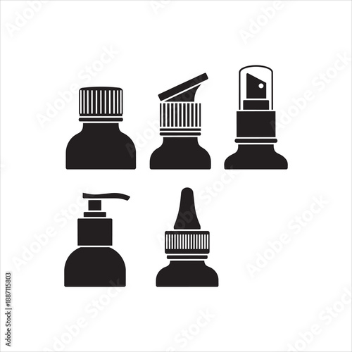 Set of various black bottle caps and closures for cosmetic and medical containers