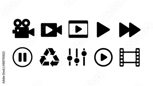 Set of essential digital media player and video editing control icons