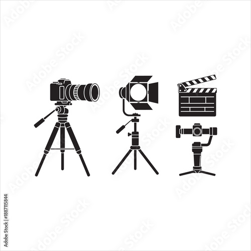 Photography and videography equipment including camera, lighting, and slate