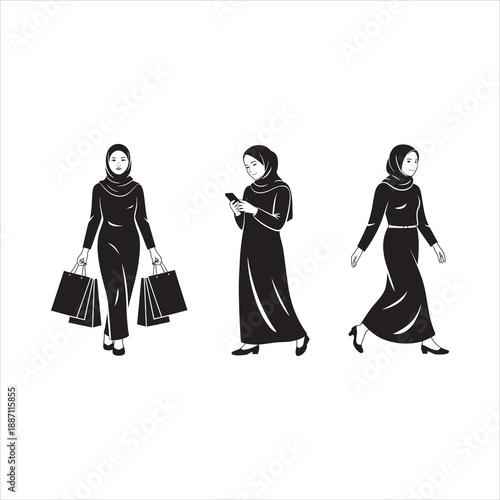 Muslim woman shopping and using phone elegant style full length vector silhouette