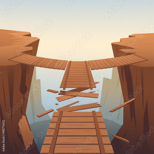 Broken Wooden Bridge over Deep Canyon, Cartoon Illustration Symbolizing Challenge