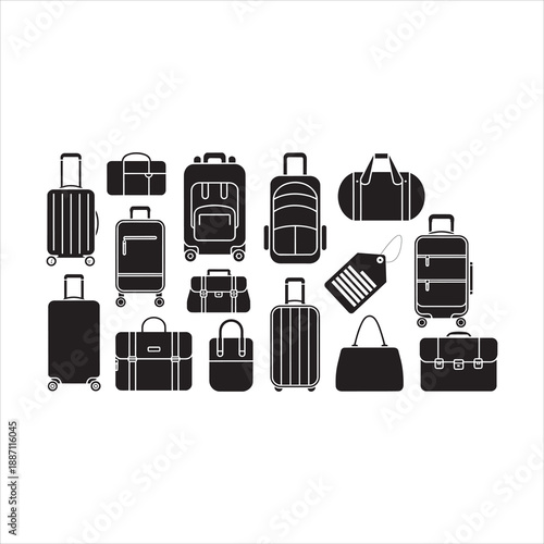 Set of black and white luggage, baggage, and travel tag on white background