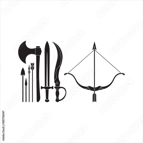 Set of ancient warrior weapons with bow and arrow and different swords