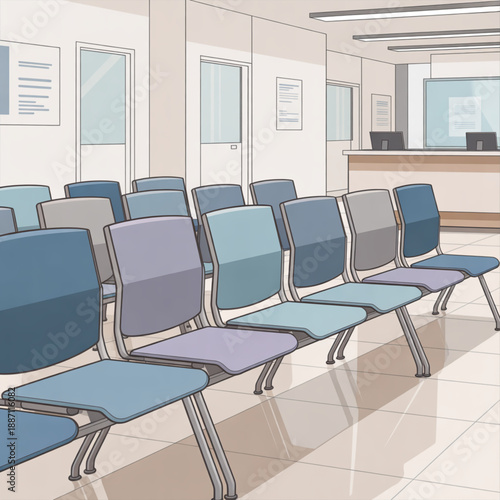 Empty Hospital Waiting Room Illustration with Blue Chairs and Reception Desk