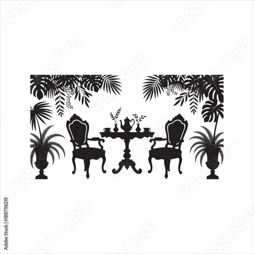 Vintage tea party silhouette with antique furniture and tropical plant foliage