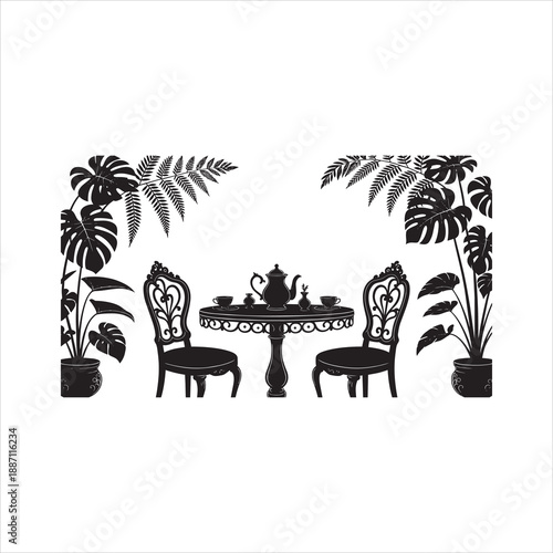 Ornate dining set silhouette surrounded by lush tropical houseplants and ferns