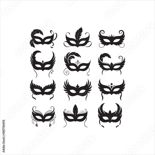 Set of decorative Venetian carnival masks with feathers and ornate details