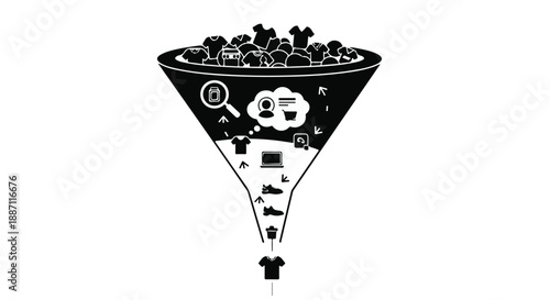  Marketing sales funnel concept with icons and symbols on white background, illustrating customer journey.