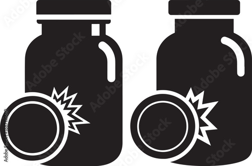 Two dark jars with bursting pill icons