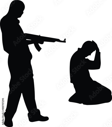 Armed soldier silhouette with captive prisoner, conflict violence concept, war crime illustration, military threat scene, isolated black figures