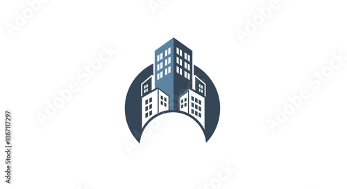 Architectural Design Illustrating Urban Structures Within a Semicircle Emblem
