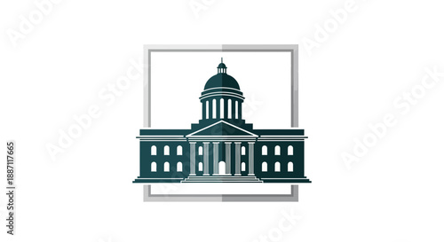 Architectural Illustration Depicting a Government Building Within a Geometric Frame