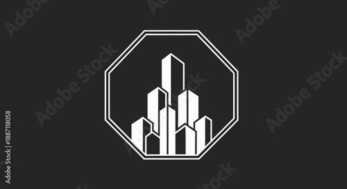 Architectural Illustration: Modern Metropolis Silhouette Enclosed in Geometric Frame Design